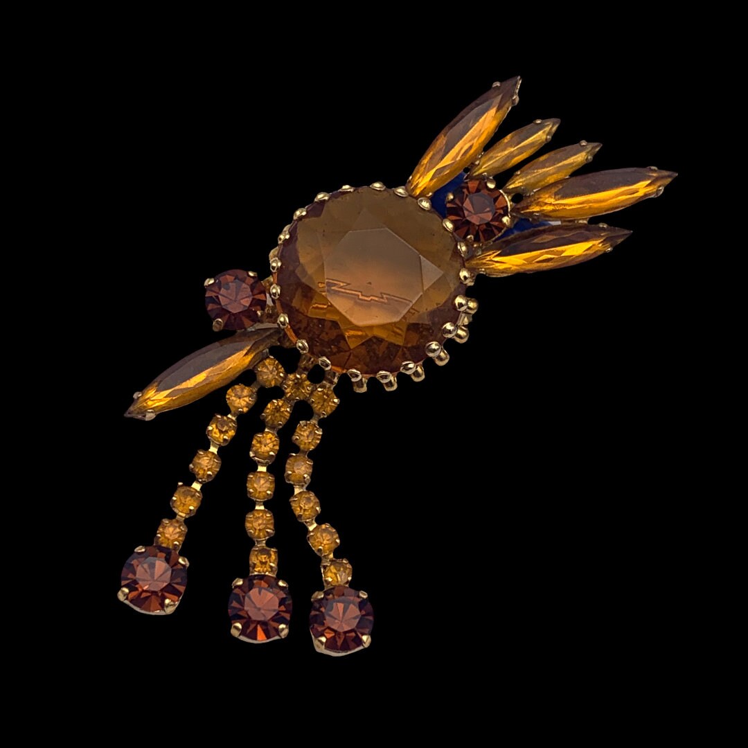 Vintage Strass Statement Brosche Von Shaunla Delizza & Elster Mit Topas Glasstein, Design Art.614/5 von RAKcreations