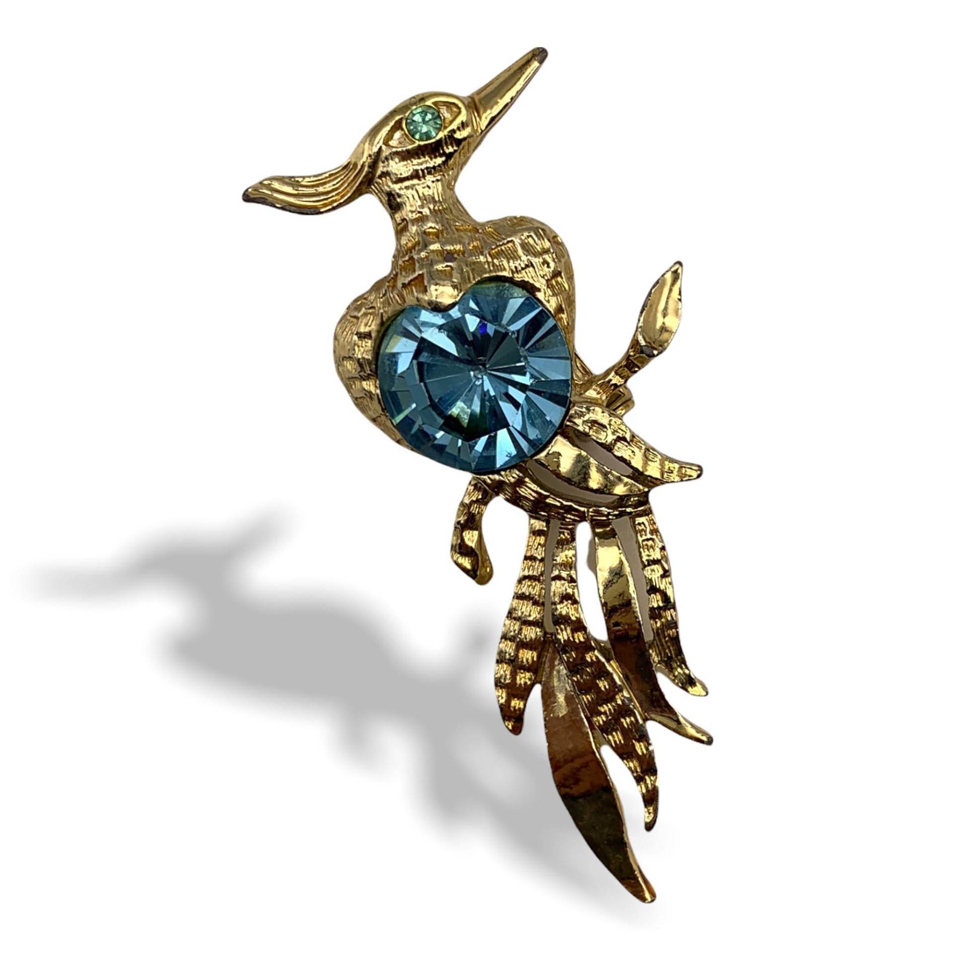 Vintage Vogelfigur Brosche - Paradiesvogel in Kristall Und Schöner Goldtextur 1960Er Qualität -Art.449 von RAKcreations