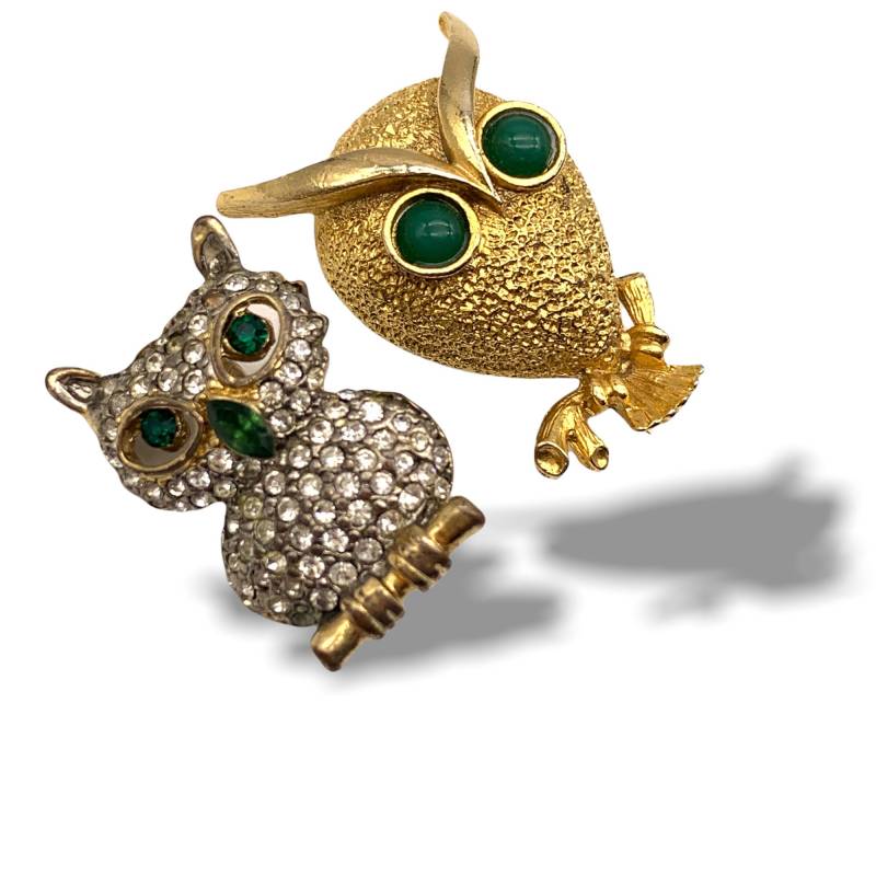 Wunderschöne Zwei Eulen Broschen Vintage 1950 & 1960 Pave Owl Hell Und Schöne EulenformArt.305/3 von RAKcreations