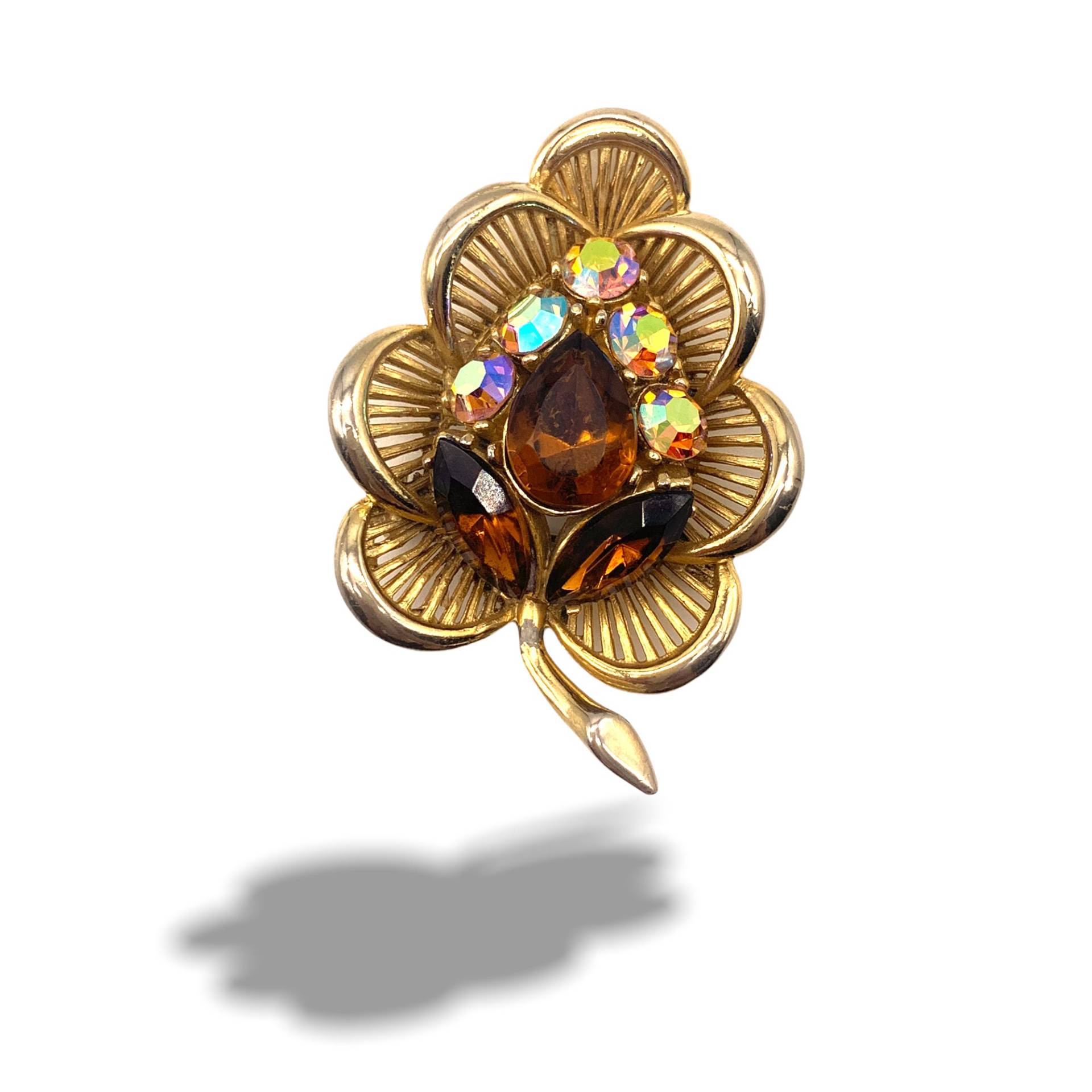 Wunderschönes Gewelltes Blatt Aus Den 1950Er Jahren Mit Schöner Bernsteinsteinen Und Ab Brosche - Eleganter Antiker Schmuck Art.860 von RAKcreations