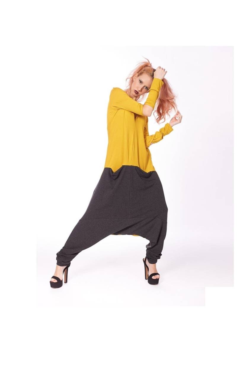 Boho Honig Gelb Jumpsuit Lockere Passform Baumwolle Harem Cape Top von RALELE