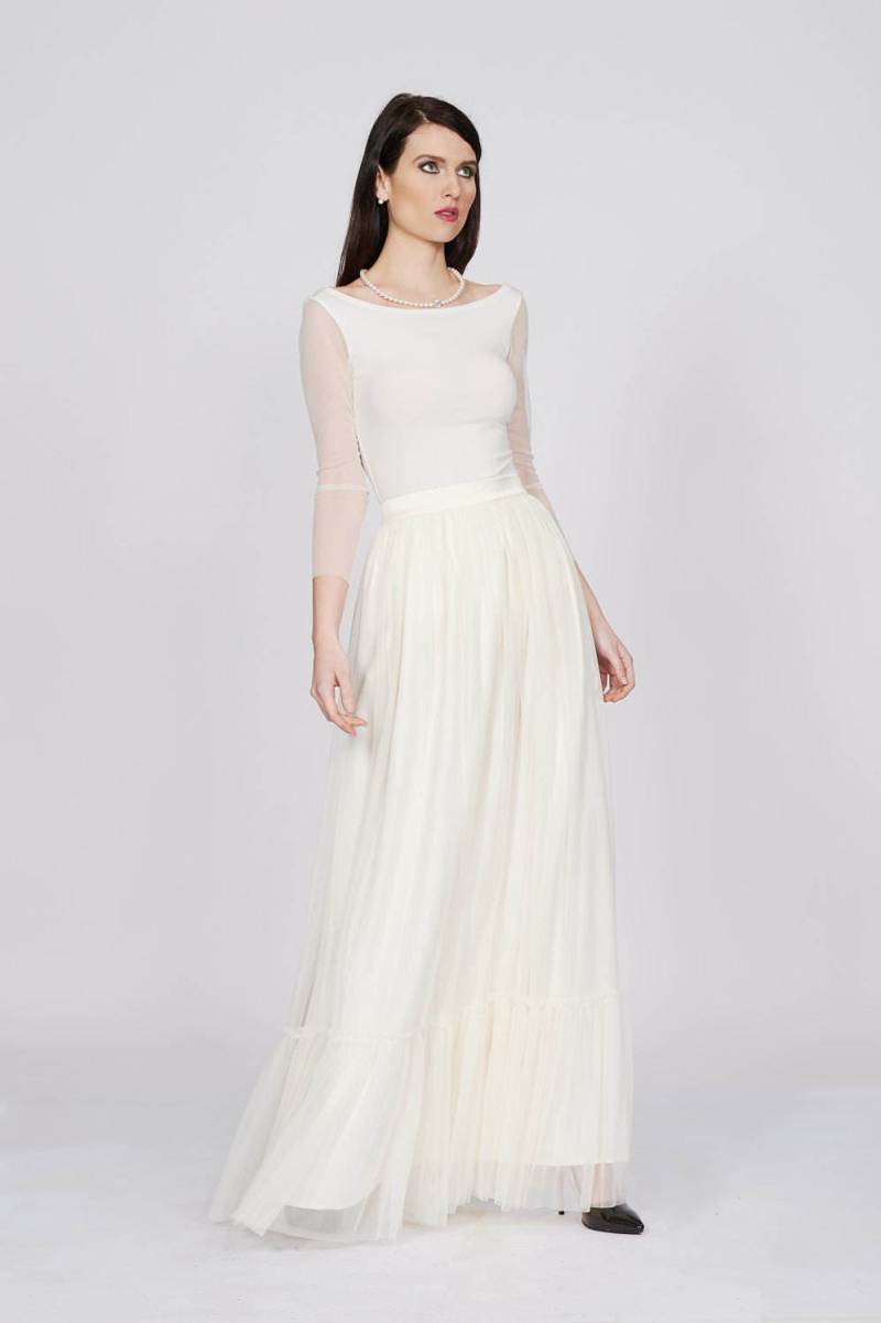 Elfenbeinfarbener Satin Hochzeitsrock Langer Brautrock Mit Hoher Taille von RALELE