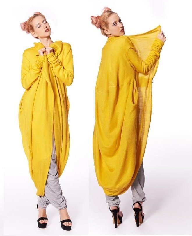 Woll Cape Mantel Gelbe Winter Strickjacke, Kimono Jacke von RALELE