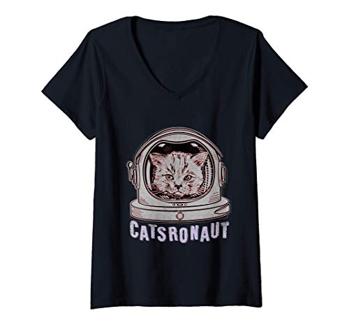 Damen ASTRO CAT | Catsronaut Space Kitten Kitty T-Shirt mit V-Ausschnitt von !RALUPOP