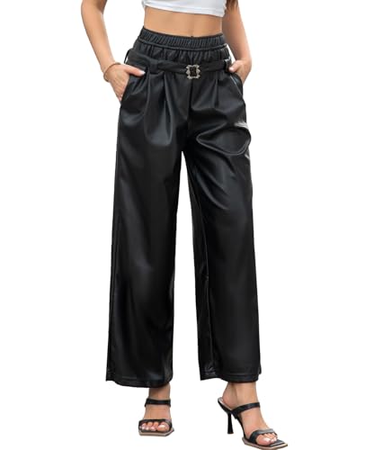 RAMISU Kunstlederhose für Damen, gerades weites Bein, PU-Hose, Dekor mit Gürtel, Kunstlederhose mit Taschen, Schwarz, X-Groß von RAMISU