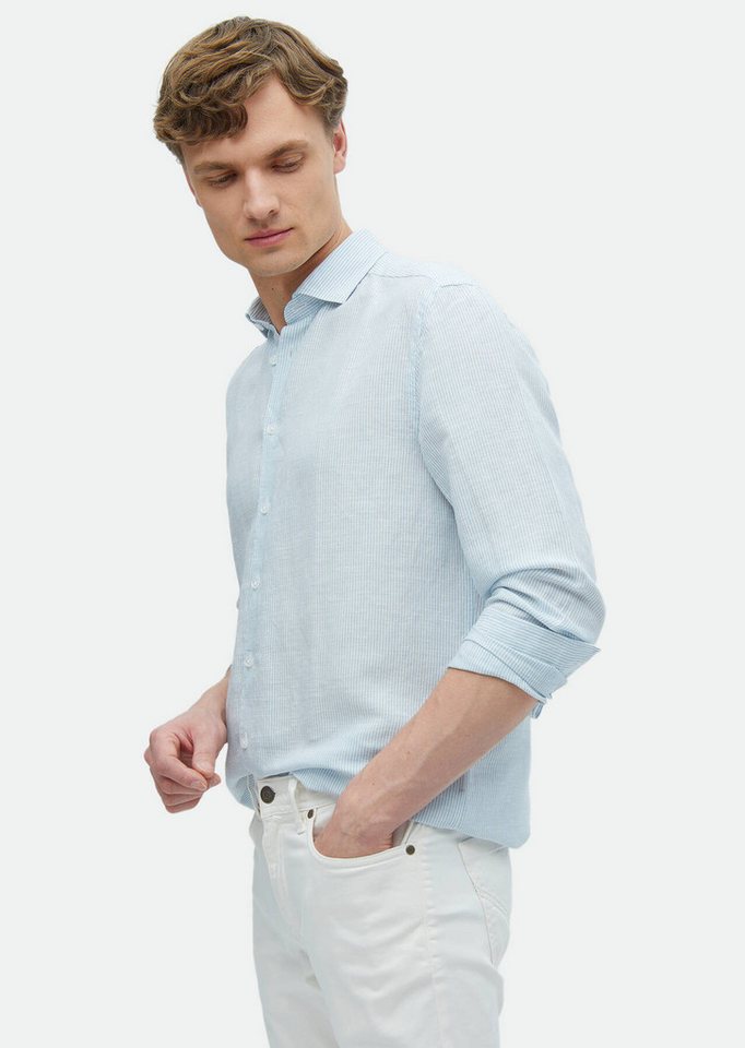RAMSEY Langarmhemd Blaues gestreiftes Regular Fit Leinenmischhemd von RAMSEY