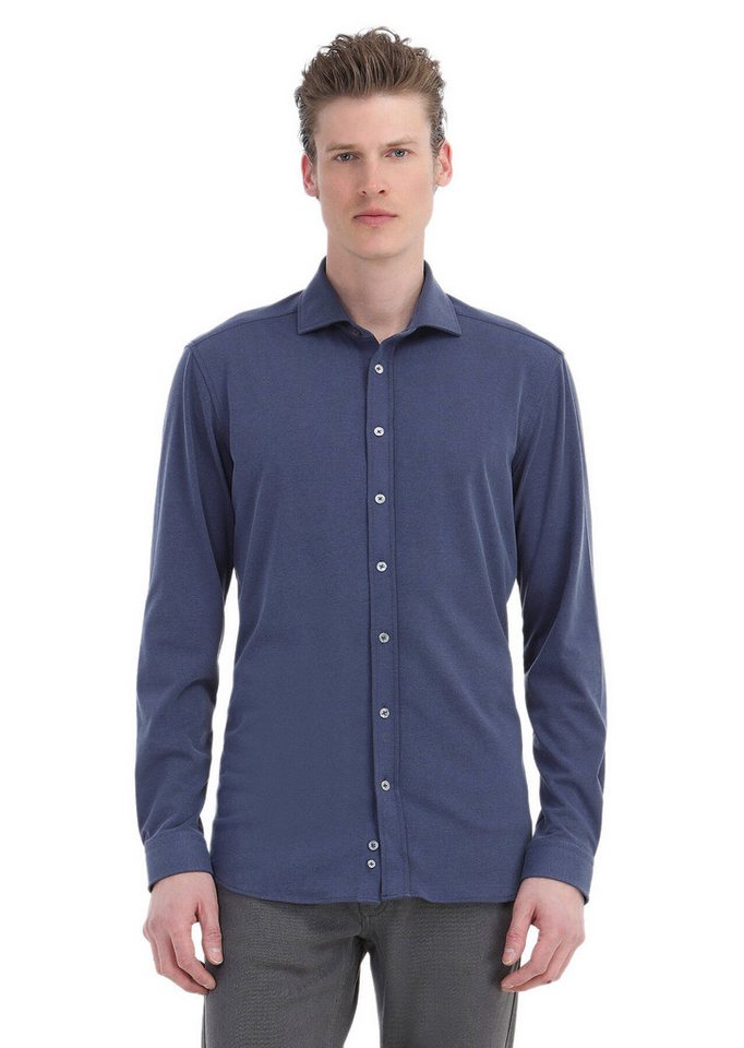 RAMSEY Langarmhemd Indigo Einfarbig Regular Fit Weben Freizeithemd von RAMSEY