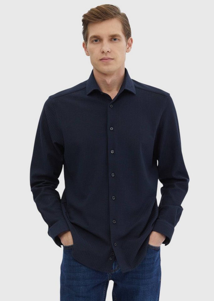 RAMSEY Langarmhemd Navy Blue Gestreiftes Freizeit-Knit Casual 100% Baumwollhemd von RAMSEY