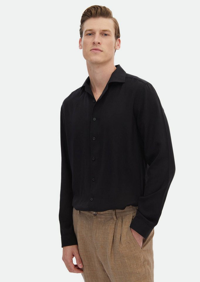 RAMSEY Langarmhemd Schwarzes Einfarbiges Regular Fit Webmuster Freizeithemd von RAMSEY