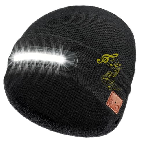 RANCOVY Bluetooth Beanie mit Licht, Musikalische Strickmütze mit Kopfhörer und eingebautem Lautsprechermikrofon, LED Beanie mit Bluetooth für Männer Frauen - Schwarz von RANCOVY