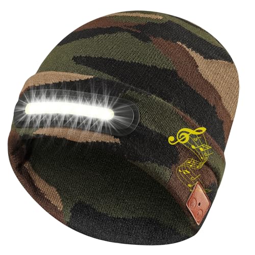 RANCOVY Bluetooth Beanie mit Licht, Musikalische Strickmütze mit Kopfhörer und eingebautem Lautsprechermikrofon, LED-Beanie mit Bluetooth für Männer und Frauen, Camouflage-Grün von RANCOVY