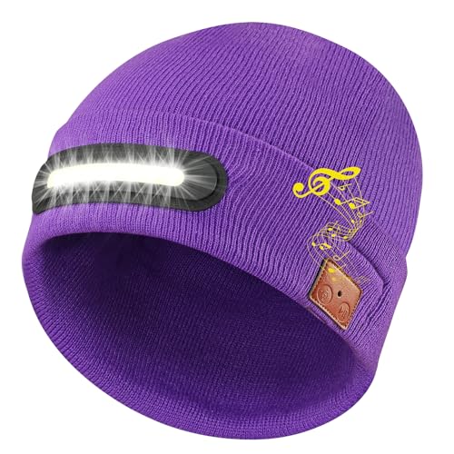 RANCOVY Bluetooth Beanie mit Licht, Musikalische Strickmütze mit Kopfhörer und eingebautem Lautsprechermikrofon, LED-Beanie mit Bluetooth für Männer und Frauen, Lila von RANCOVY