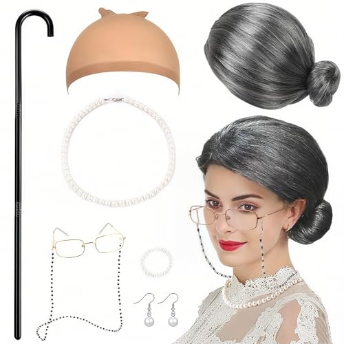 RANJIMA Oma Perücke Grau, Alte Dame Cosplay Zubehör Perücke Oma Kostüm Accessoire mit Brille Kette Perlenkette Armband Spazierstock für Frau Fasching Maskerade Cosplay Köln-Karneva Party, 8Pcs von RANJIMA