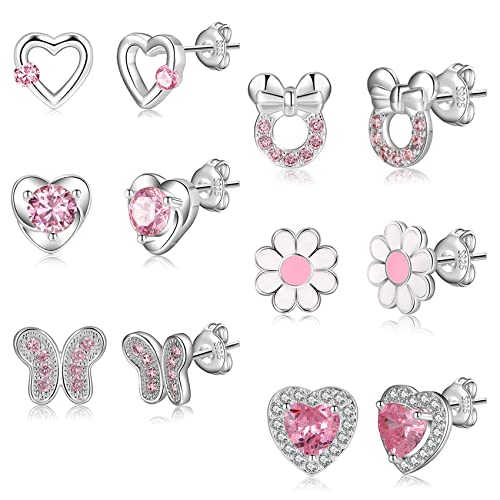 6Paare 925 Sterling Silber Ohrringe für Mädchen Damen Hypoallergene Ohrringe Tiny Herz Hoop Ohrringe CZ Ball Schmetterling Daisy Gestüt Sets für Teenager Kinder Kleinkind Rosa Silber von RANKEEF