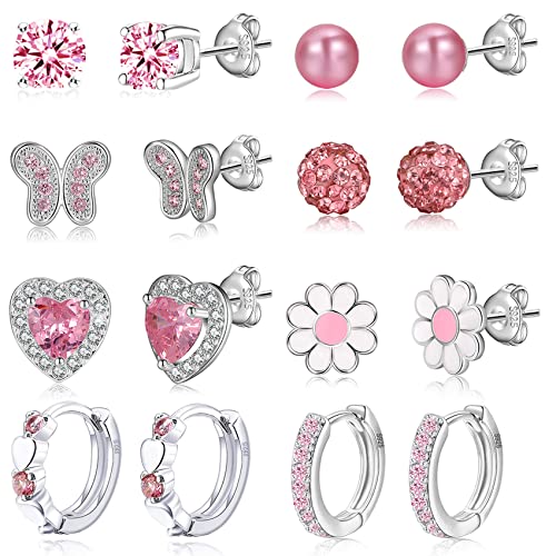 8Paare 925 Sterling Silber Ohrringe für Mädchen Damen Hypoallergene Ohrringe Tiny Herz Hoop Ohrringe CZ Ball Schmetterling Daisy Gestüt Sets für Teenager Kinder Kleinkind Rosa Silber von RANKEEF
