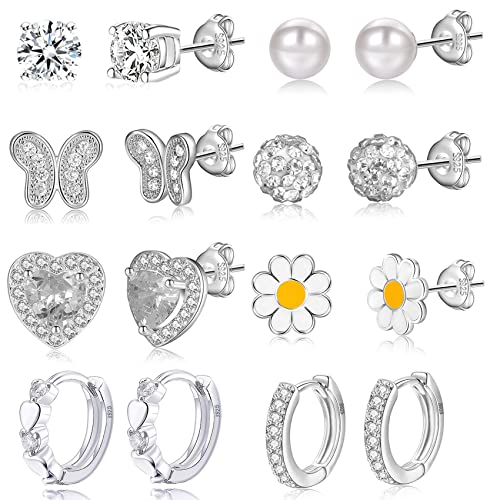 8Paare 925 Sterling Silber Ohrringe für Mädchen Damen Hypoallergene Ohrringe Tiny Herz Hoop Ohrringe CZ Ball Schmetterling Daisy Gestüt Sets für Teenager Kinder Kleinkind Rosa Silber von RANKEEF
