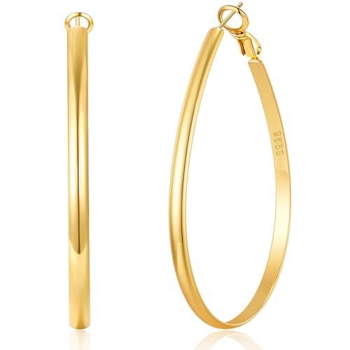 RANKEEF 4mm Breit Groß Ovale Ohrringe Gold Creolen Nichtanmurmeln 14K Goldene Ohrringe Damen Hypoallergene 925 Sterling Silber Post Leichte Ovale Creolen Gold Groß Sichern Schließ von RANKEEF
