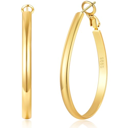 RANKEEF 4mm Breit Groß Ovale Ohrringe Gold Creolen Nichtanmurmeln 14K Goldene Ohrringe Damen Hypoallergene 925 Sterling Silber Post Leichte Ovale Creolen Gold Groß Sichern Schließ von RANKEEF