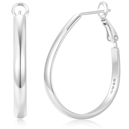 RANKEEF 4mm Breit Groß Sterling Silber Ovale Ohrringe Creolen für Damen Hypoallergene S925 Post Große Ohrringe Damen Leichte Ovale Creolen Silber 925 Groß Sichern Schließ von RANKEEF