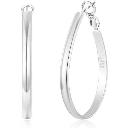 RANKEEF 4mm Breit Groß Sterling Silber Ovale Ohrringe Creolen für Damen Hypoallergene S925 Post Große Ohrringe Damen Leichte Ovale Creolen Silber 925 Groß Sichern Schließ von RANKEEF