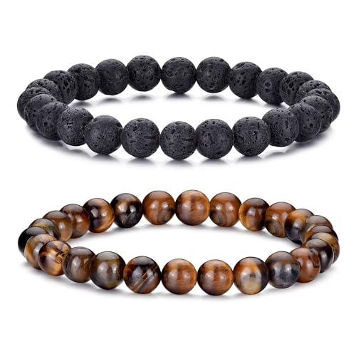 RANKEEF Herren Perlenarmbänder Leichtgewicht 8Mm Naturstein Set Für Männer Verschiedene Schwarze Perlenarmband Für Männer Einstellbare Stretch Tigerauge Lava Rock Armbänder von RANKEEF