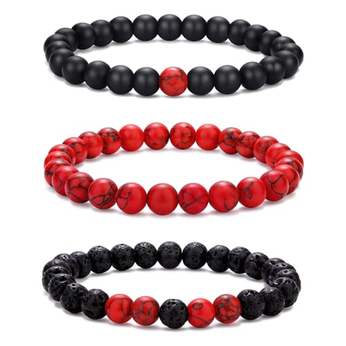 RANKEEF Perlenarmband herren 8mm Naturstein armbänder für herren Perlenarmbänder Set Verschiedene schwarze Perlenarmband Rote armbänder für herren Stretch Herrenarmbänder lavastein armband von RANKEEF