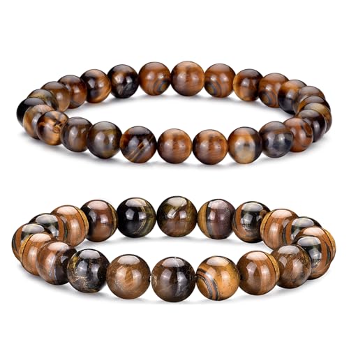 RANKEEF Tigerauge Armband Herren Perlen Leichtgewicht 8Mm/10Mm Naturstein Für Männer Perlen Armbänder Set Einstellbare Stretch Herren Tigerauge Armband von RANKEEF
