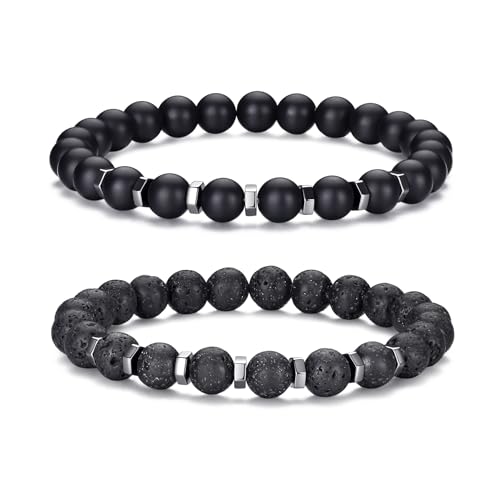 RANKEEF Tigerauge-Armband für Herren 8 mm Natursteinperlen Armband Set dehnbare Lavastein Armbänder verstellbares schwarzes Kristallperlenarmband für Männer und Frauen Geschenke von RANKEEF
