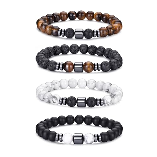 RANKEEF Tigerauge-Armband für Herren 8 mm Natursteinperlen Armband Set dehnbare Lavastein Armbänder verstellbares schwarzes Kristallperlenarmband für Männer und Frauen Geschenke von RANKEEF