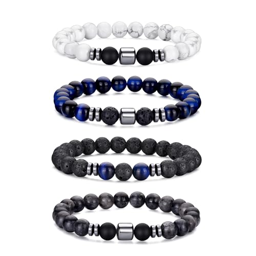 RANKEEF Tigerauge-Armband für Herren 8 mm Natursteinperlen Armband Set dehnbare Lavastein Armbänder verstellbares schwarzes Kristallperlenarmband für Männer und Frauen Geschenke von RANKEEF