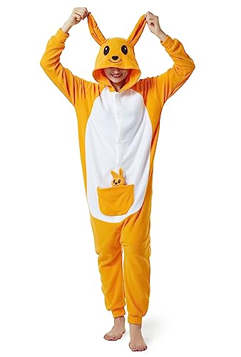 RANSUU Relaxo Kostüm Onesie Känguru Jumpsuit Tier Relax Kostuem Damen Pyjama Fasching Halloween Schlafanzug Cosplay Erwachsene Karneval Einteiler, Gelb, L von RANSUU