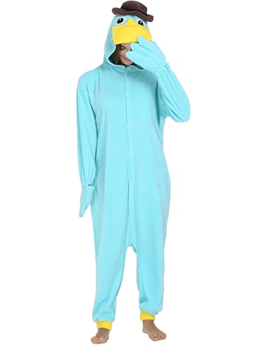 RANSUU Schnabeltier Kostüm Onesie Tier Jumpsuit Damen Herren Pyjama Halloween Schlafanzug Erwachsene Karneval Blue M von RANSUU