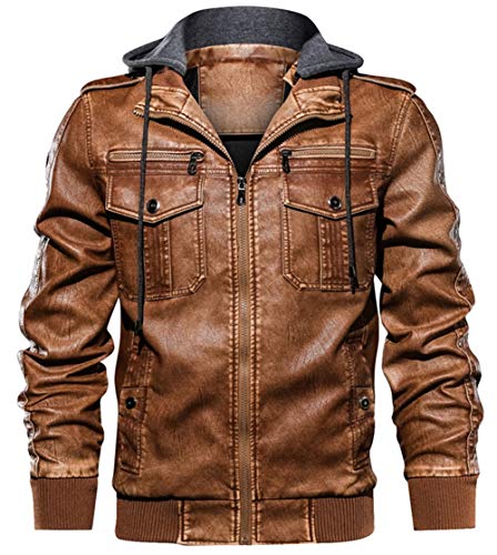 RANVAOO Herren Motorradjacke Kunst-Lederjacke Bikerjacke mit Abnehmbarer Kapuze Übergangsjacke Vintage Bomberjacke Stylisch Herrenjacke Herbst Winter Freizeitjacke (Gelb,S) von RANVAOO