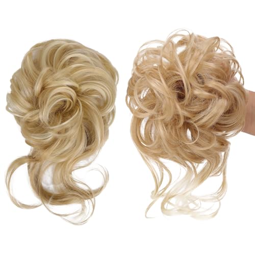 2Stück Haarteil dutt Blond Haargummi,Haarteil Mit Gummiband,Gelockt Dutt Haarteils,Kunstfaser Pferdeschwanz Haarschmuck,Flauschiger Haarschmuck für Frauen und Mädchen von RANYAKE