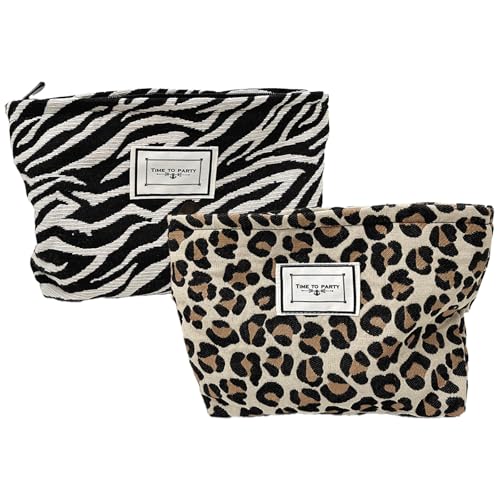 2Stück Leopardenmuster Kosmetiktasche,Canvas-Make-up-Taschen,Multifunktionaler mit Metall Reißverschluss,Geräumige Kosmetiktasche für Damen,Toilettentasche mit Zebrastreifen von RANYAKE