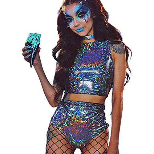 Damen Rave Holographischer Body Mini Zweiteiliger Hologramm Metallic Silber für Tanz Party Clubwear EDM Festival, Ein Silber, L von RARITYUS