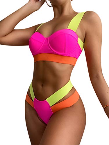 RARITYUS Damen Rave Neon Patchwork Bikini Badeanzug 2-teilig Sexy Cutout Molded Push Up Badeanzug, hot pink, Small von RARITYUS