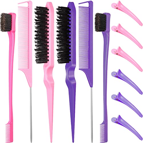 12 Stück Haarbürsten-Set, Nylon Teasing Haar Bürsten 3 Row Salon Teasing Brush, Double Sided Hair Edge Brush Smooth Comb Grooming, Rat Tail Kämme mit Duckbill Clips für Frauen Mädchen (Lila, Rosa) 12 Stück Haarbürsten-Set, Nylon Teasing Haar Bürsten 3 Row Salon Teasing Brush, Double Sided Hair Edge Brush Smooth Comb Grooming, Rat Tail Kämme mit Duckbill Clips für Frauen Mädchen (Lila, Rosa) von RAROUYI