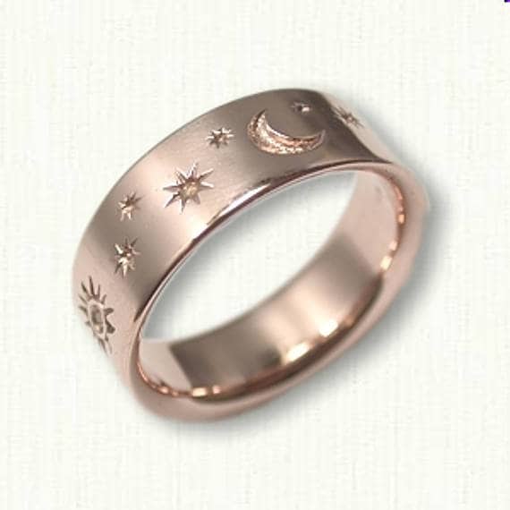 Sonne, Mond & Sterne Hochzeitsring in Rückätze - Sternzeichen Band | 7-8 Mm Breit von RARUCOM