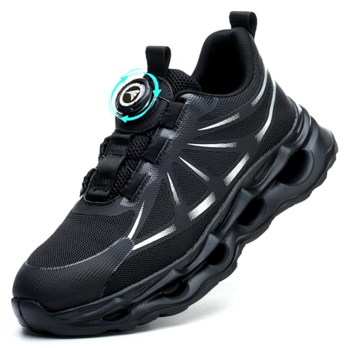 RASEARY Arbeitsschuhe Herren Damen Sicherheitsschuhe mit Stahlkappe Leicht Stahlkappenschuhe Schutzschuhe mit Drehbaren Schnallenschnürsenkeln Safety Shoes,Schwarz EU 38 von RASEARY