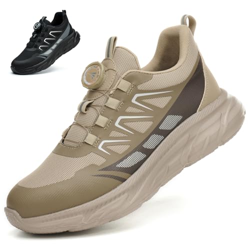 RASEARY Sicherheitsschuhe Arbeitsschuhe Herren Damen Bequem Stahlkappenschuhe Leicht Atmungsaktiv Industrielle Arbeitsschuhe mit Drehschnallen Schnürsenkeln,Khaki EU 43 von RASEARY