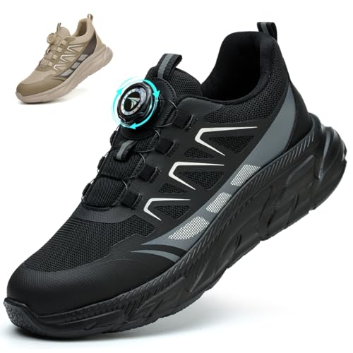 RASEARY Sicherheitsschuhe Arbeitsschuhe Herren Damen Bequem Stahlkappenschuhe Leicht Atmungsaktiv Industrielle Arbeitsschuhe mit Drehschnallen Schnürsenkeln,Schwarz EU 48 von RASEARY