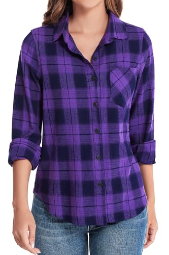 Flanell Plaid Baumwolle Hemd für Frauen Langarm Button Down Fall Bluse - Violett - X-Groß von RASPBERRY PUDDING