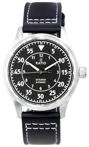 RATIO Skysurfer Pilot Black Textured Dial Leather Automatic RTS320 200M Men's Watch von RATIO