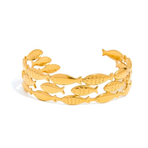 RAUCHBE Dicker goldener Fisch-Manschetten-Armreif für Damen, trendiges Sommer-/Strand-Armband, Statement-verstellbares Armband, Schmuck von RAUCHBE
