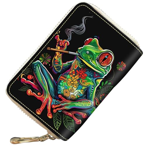 RAUEDWDJS Kreditkartenetui für Damen, Mädchen, kleine RFID-blockierende Geldbörse, Reißverschluss, niedliches Leder, Kartenetui mit 20 Fächern für Kreditkarten, Smoking Frog, Modern von RAUEDWDJS