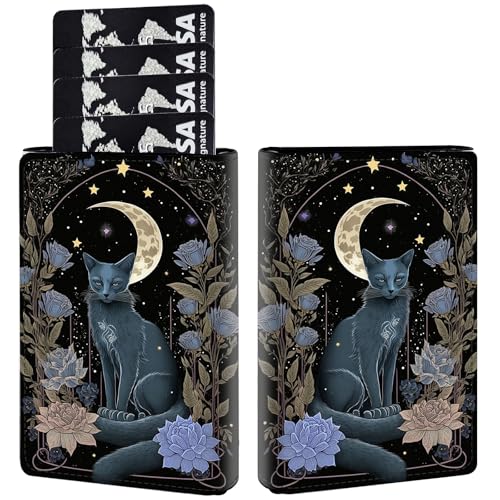 RAUEDWDJS Pop-Up-Geldbörse für Damen und Herren, mit Geldschlitz, RFID-blockierend, Leder, minimalistisch, automatisch, Kreditkartenhalter, dreifach gefaltetes Kartenetui, Witchy Cat Moon von RAUEDWDJS