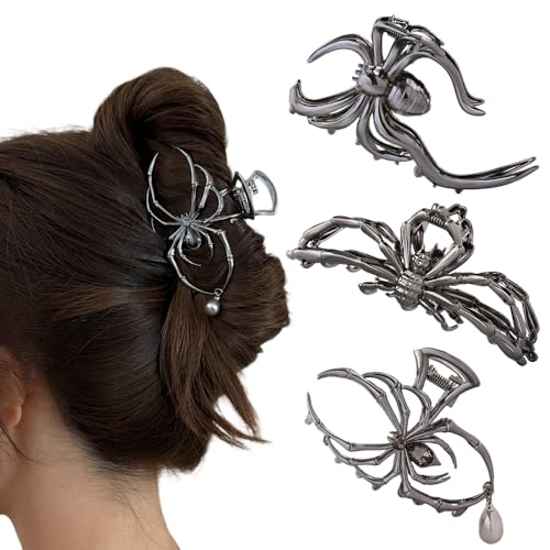 Rauimour Halloween-Haarspangen, Spinnen-Haarklammern, Haarschmuck für Damen und Mädchen, Gothic, schwarzes Metall mit Perlen-Charms, groß, mittelgroß, Fang-Clips für dickes Haarstyling-Werkzeug, von RAUIMOUR