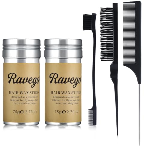 RAVEGO 2 Stück Haarwachs-Stick, Wachs Perücken Rand Kontrolle Slick, nicht fettig Styling Haar Pomade Stick für Flyaways Frizz, mit 3 Stück Toupier Bürste Set Doppelkanten Bürste (Schwarz) von RAVEGO