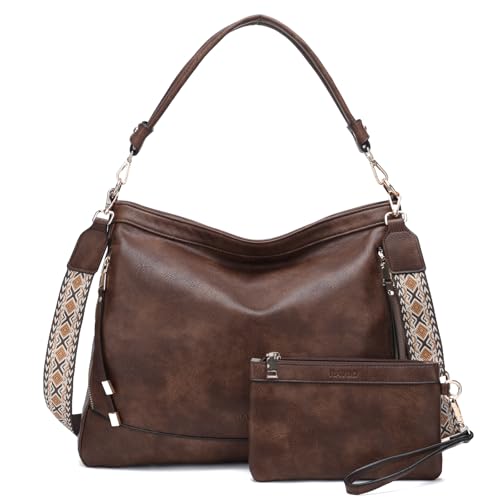RAVUO Damen Handtaschen, Groß PU Ledertasche Umhängetasche Mittelgross Hobo Handbags Lady Taschen Set 2pcs Schultertasche Geldbörse Kaffee von RAVUO